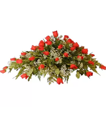 Cubre urna con 50 rosas rojas, vista lateral. Elige el color de las rosas..