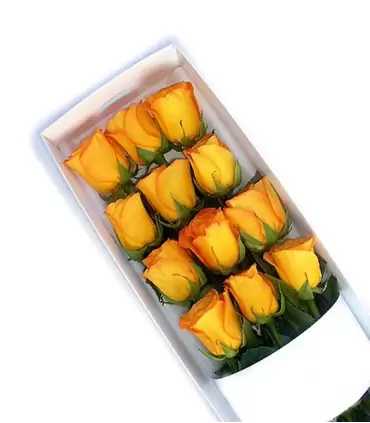 Caja con 12 rosas naranjas frescas.