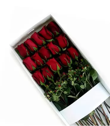 Caja con 15 rosas rojas