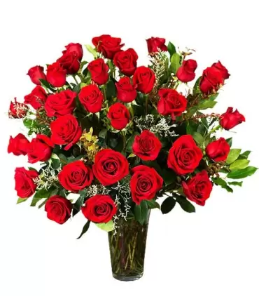 Florero con 36 rosas rojas frescas, color de rosas a elección.