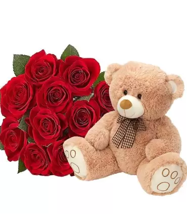 Ramo con 12 rosas rojas y osito peluche adorable.