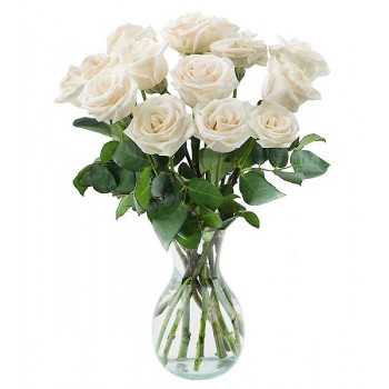 1 Florero de Vidrio, 12 Rosas Blancas