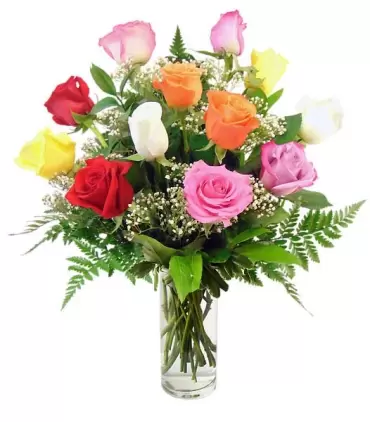 Florero con 12 rosas surtidas, un toque de color y frescura.