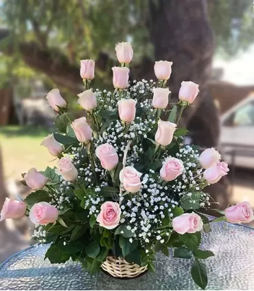 Canasta con 24 rosas rosadas, una opción encantadora y delicada.