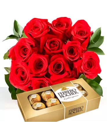 Flores de cumpleaños: docena de rosas rojas acompañada de deliciosos chocolates.