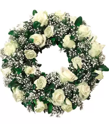 Corona de 24 rosas blancas.
