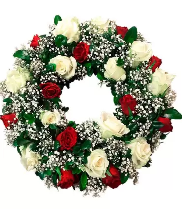 Coronas con 24 rosas blancas y rojas.