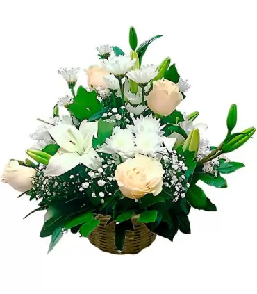 Canastillo de flores fúnebres con 6 rosas blancas, 4 liliums blancos, maules y follaje.