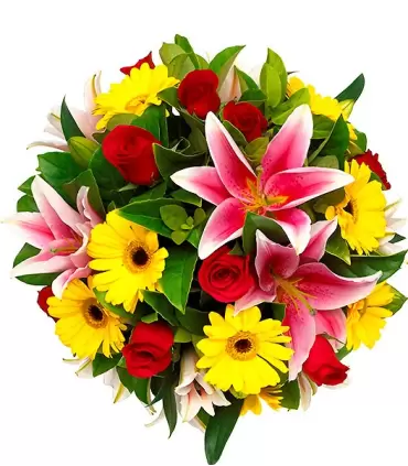 Ramo de flores colorido, con 9 rosas, 7 gerberas y 4 liliums.