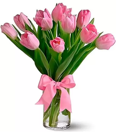 Florero con 10 tulipanes rosados.