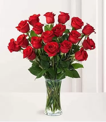 Florero con 18 rosas rojas frescas.