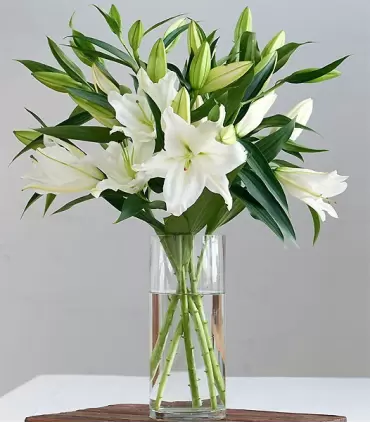 Florero elegante con 5 ramas de liliums blancos.